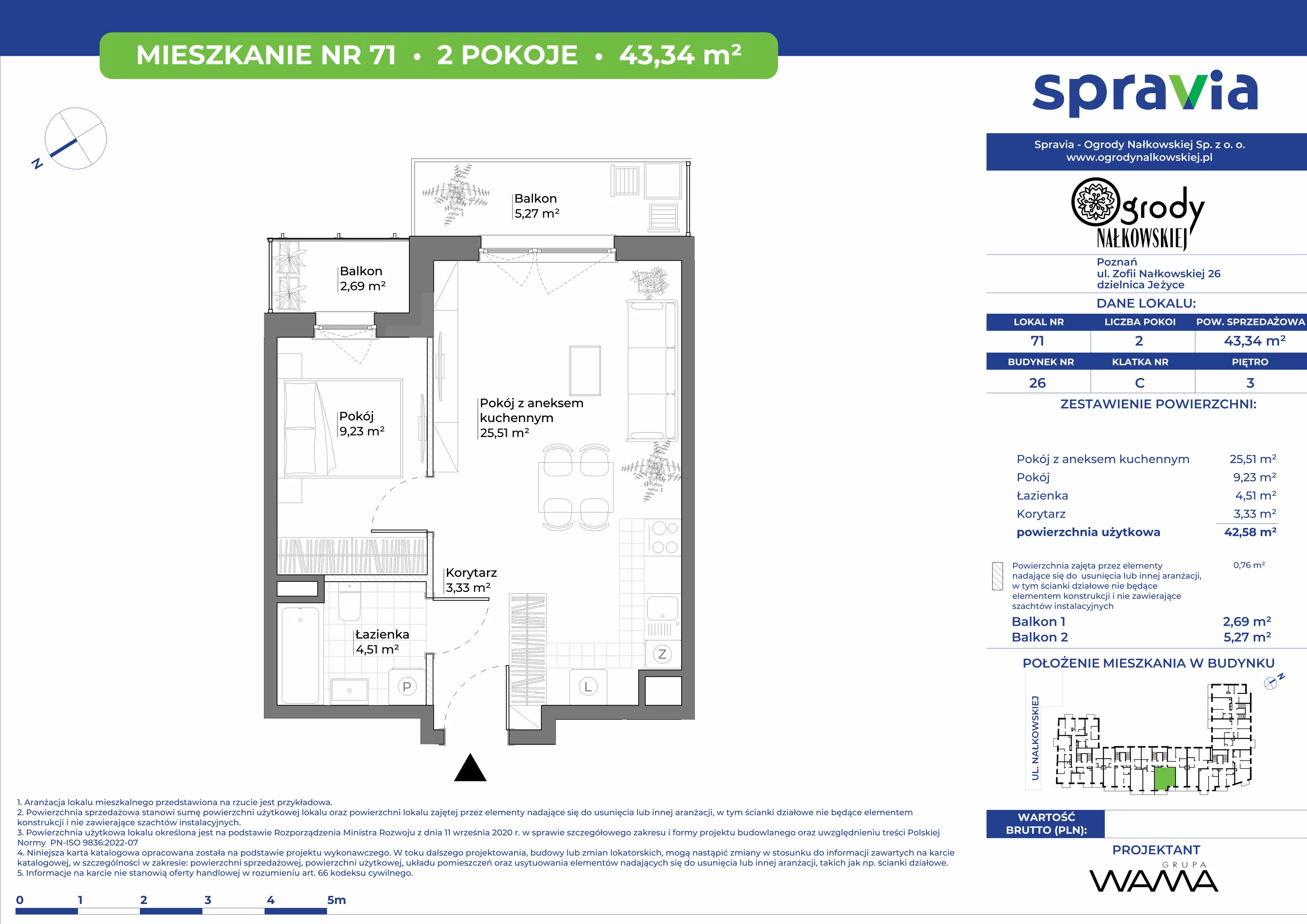 2 pokoje, mieszkanie 43,34 m², piętro 3, oferta nr 26-71, Ogrody Nałkowskiej, Poznań, Ogrody, ul. Nałkowskiej 24, 26